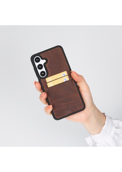 Samsung Galaxy S25 Plus Uyumlu Deri El Yapımı Kart Yuvalı Kılıf Antik Kahve