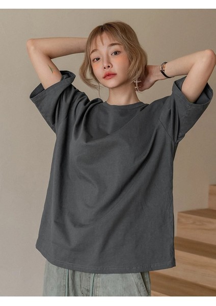 Kadın / Kız Füme Oversize T-Shirt Attentively Baskılı modelleri