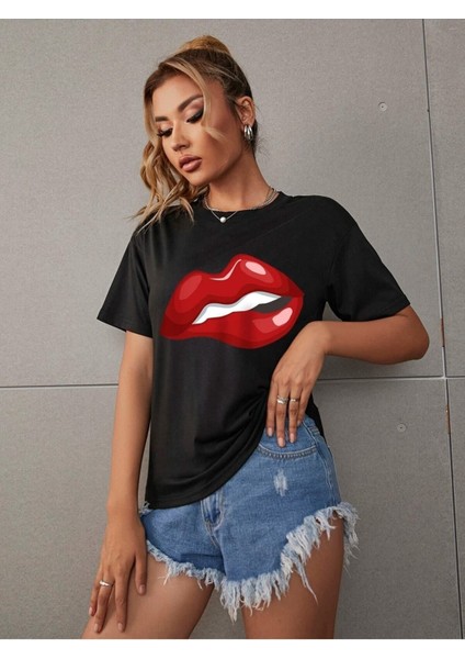 Red Lip Baskılı Kadın / Kız Oversize Kırmızı Salas T-Shirt Boyfriend