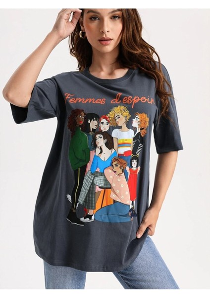 Womens Baskılı Kadın / Kız Oversize Füme Salas T-Shirt Boyfriend