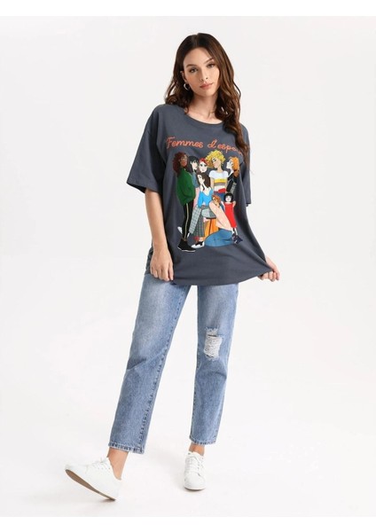 Womens Baskılı Kadın / Kız Oversize Füme Salas T-Shirt Boyfriend fiyatları