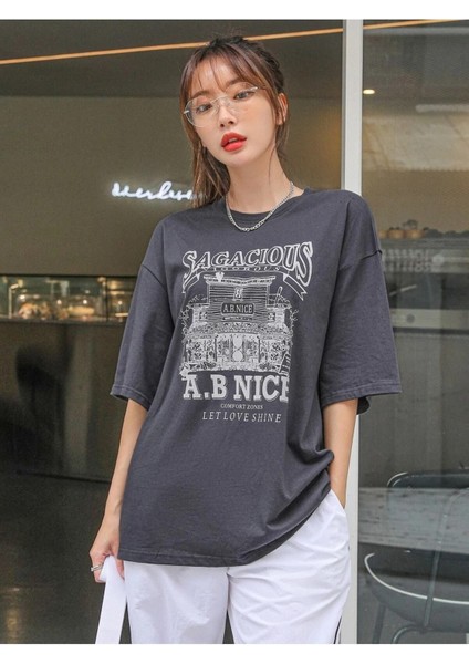 Kadın / Kız Füme Sagacıous Baskılı Oversize T-Shirt indirimleri