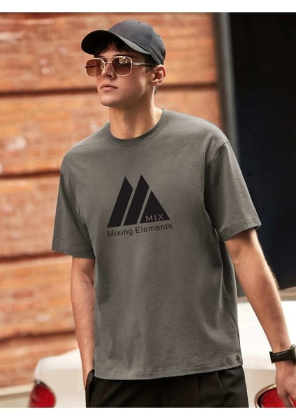 Erkek Füme Oversize T-Shirt Mıx Baskılı