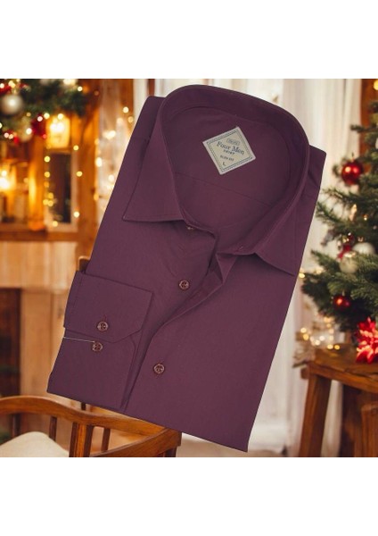 Pamuklu Bordo Uzun Kollu Erkek Gömlek (Slim Fit Kalıp)