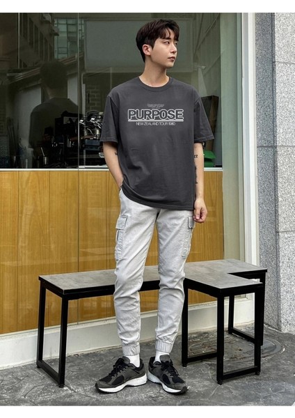 Erkek Füme Oversize T-Shirt Purpose Baskılı