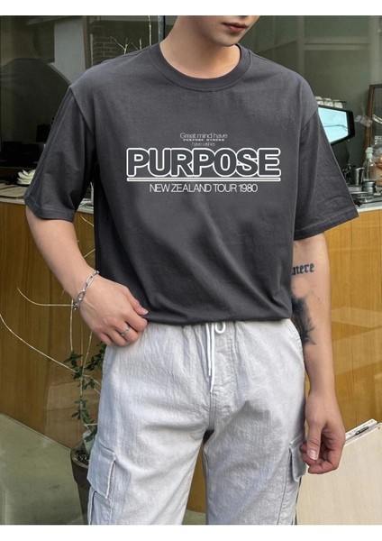 Erkek Füme Oversize T-Shirt Purpose Baskılı