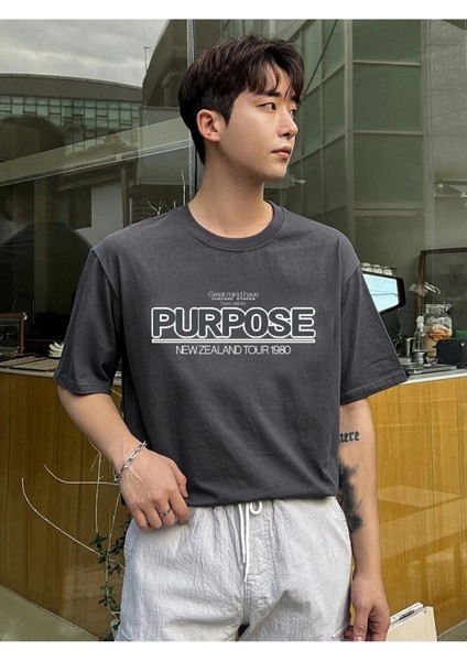 Erkek Füme Oversize T-Shirt Purpose Baskılı