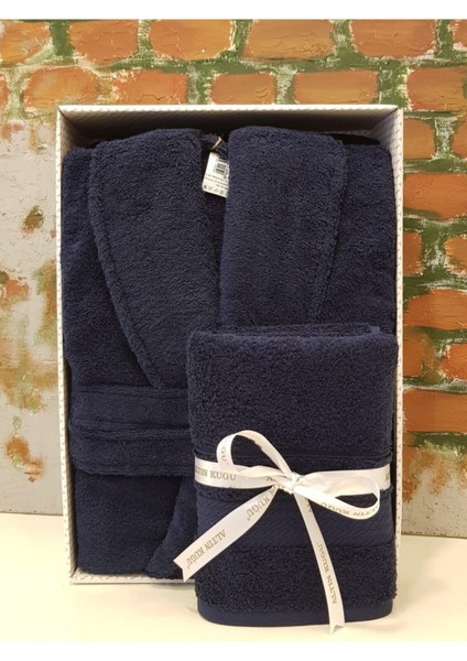 Trendy Şalyaka Bornoz + Baş Havlusu- Lacivert