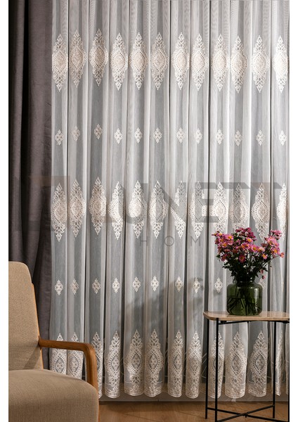 Kullanıma Hazır Lotus Desen Dantelli Krem Renk (1x3) Sık Pileli Tül Perde