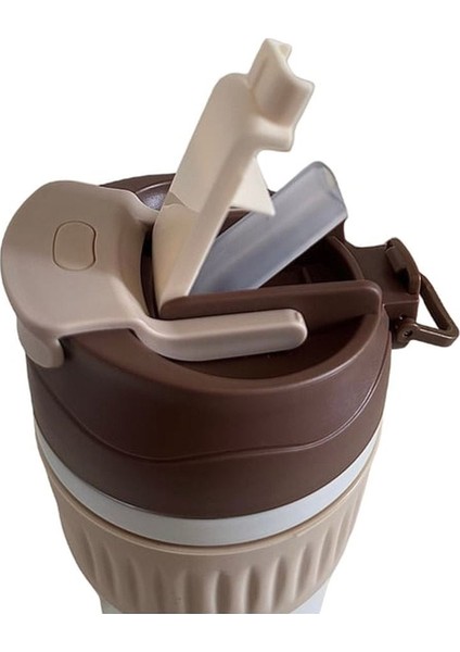 316 L Çelik Kahverengi 450 ml Pipetli Soğuk Sıcak Kahve El Termos Mug CIN847KHV