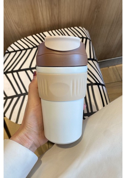 316 L Çelik Kahverengi 450 ml Pipetli Soğuk Sıcak Kahve El Termos Mug CIN847KHV