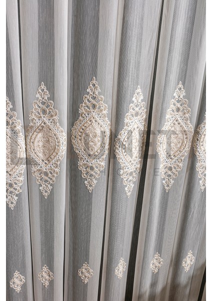 Kullanıma Hazır Lotus Desen Dantelli Krem Renk (1x3) Sık Pileli Tül Perde modelleri