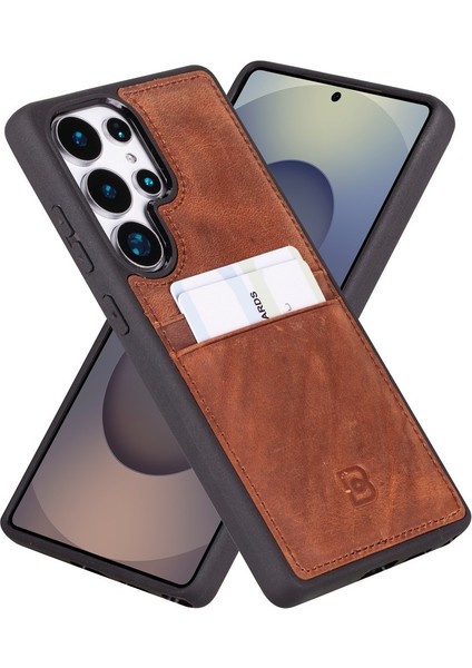 Samsung Galaxy S25 Ultra Uyumlu Deri El Yapımı Kart Yuvalı Kılıf Antik Kahve