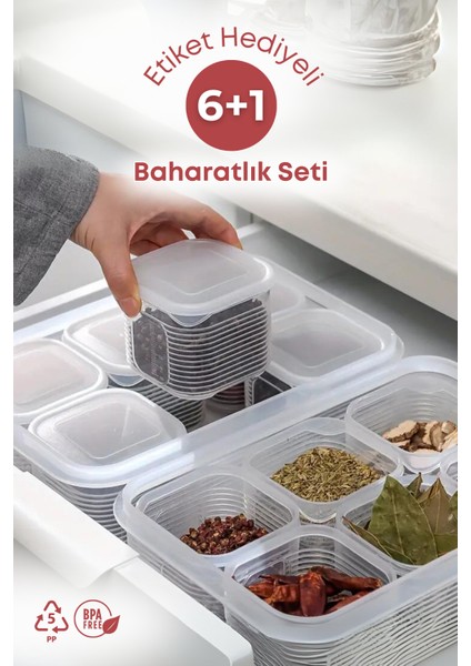 7 Parça Sızdırmaz Hava Almaz Baharatlık Saklama Kabı 3,5 Lt- Baharat Takımı-Etiket Hediyeli