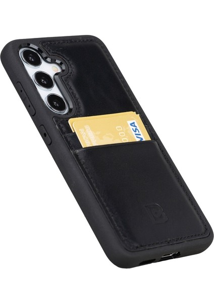 Samsung Galaxy S25 Uyumlu Deri El Yapımı Kart Yuvalı Kılıf Parlak Siyah