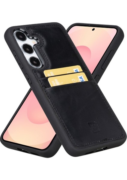 Samsung Galaxy S25 Plus Uyumlu Deri El Yapımı Kart Yuvalı Kılıf Parlak Siyah