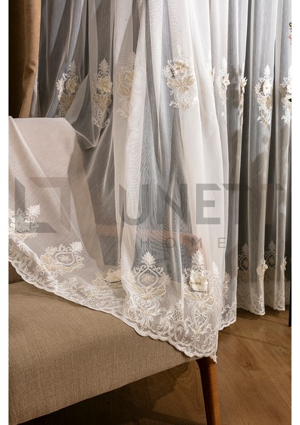 Kullanıma Hazır Rose Desen Dantelli Krem Renk (1x3) Sık Pileli Tül Perde fiyatları