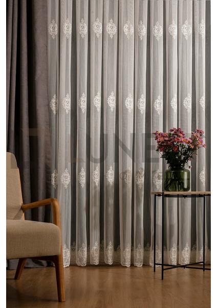 Kullanıma Hazır Safir Desen Dantelli Krem Renk (1x3) Sık Pileli Tül Perde