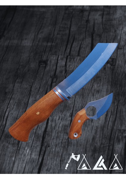 Satır Model Bushcraft Bıçak Taktik Kolye Bıçak 2'li Set Ceviz Saplı Deri Kılıf Hediyeli