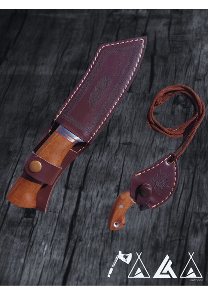 Satır Model Bushcraft Bıçak Taktik Kolye Bıçak 2'li Set Ceviz Saplı Deri Kılıf Hediyeli