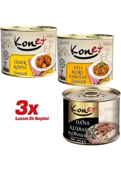 3'lü Lezzet Et Seçkisi - Hazır Yemek / İzmir Köfte - Etli Kuru Fasulye - Dana Kuşbaşı Et Konservesi 200g