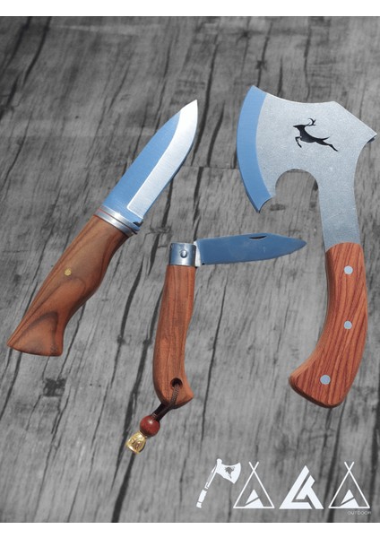 Geyikli Balta Bushcraft Bıçak Seti Ketezli Çakı ve Hakiki Deri Kılıf Hediyeli 3'lü Set