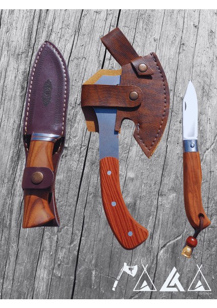 Geyikli Balta Bushcraft Bıçak Seti Ketezli Çakı ve Hakiki Deri Kılıf Hediyeli 3'lü Set