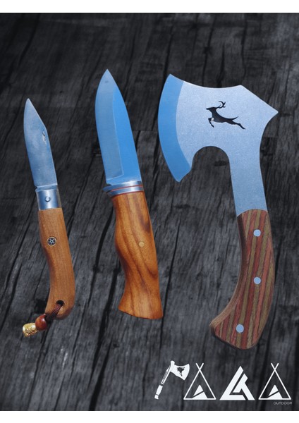 Geyikli Balta Bushcraft Bıçak Seti Ketezli Çakı ve Hakiki Deri Kılıf Hediyeli 3'lü Set