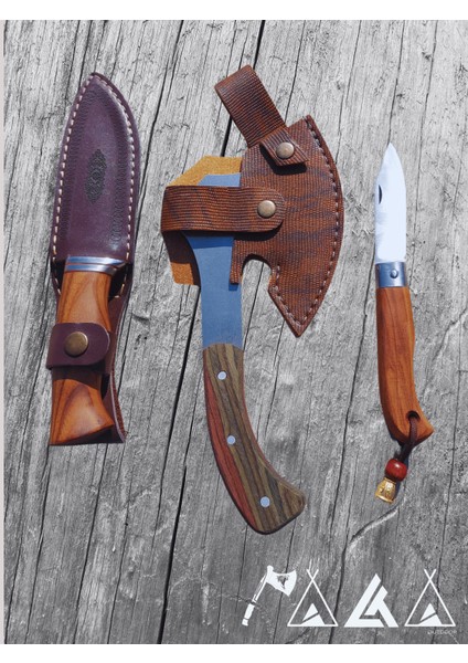 Geyikli Balta Bushcraft Bıçak Seti Ketezli Çakı ve Hakiki Deri Kılıf Hediyeli 3'lü Set
