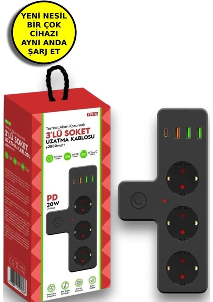 3'lü Duvar Priz Termal Akım Korumalı Priz 3 x Usb, 1 x Type-C 20W Pd Giriş