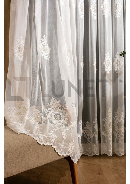 Kullanıma Hazır Sezar Desen Dantelli Krem Renk (1x3) Sık Pileli Tül Perde fiyatları