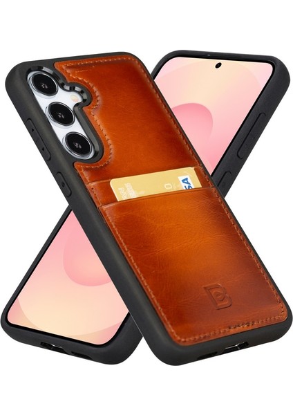 Samsung Galaxy S25 Plus Uyumlu Deri El Yapımı Kart Yuvalı Kılıf Gölgeli Taba