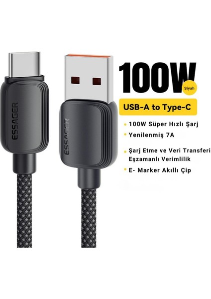 3 Metre 7A 100W E-Marker Süper Hızlı USB To Type-C Şarj Data Kablosu Güçlü Kablo
