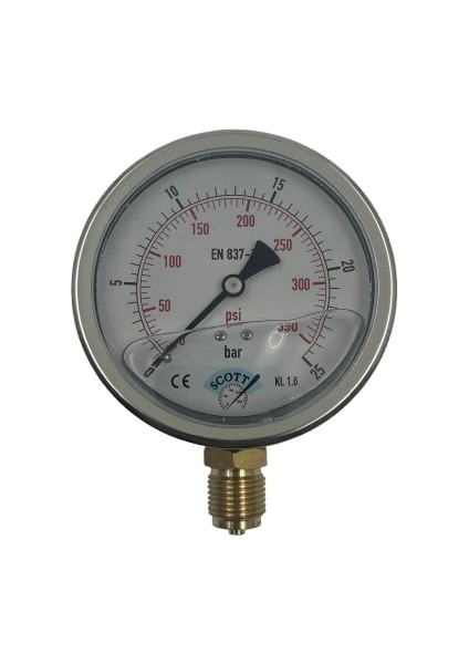 Manometre Gliserinli Alttan Çıkışlı Q100 - 0 - 25 Bar 1/2