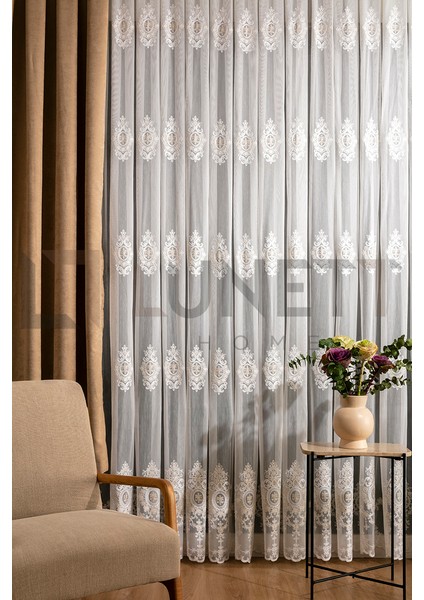 Kullanıma Hazır Sezar Desen Dantelli Krem Renk (1x3) Sık Pileli Tül Perde