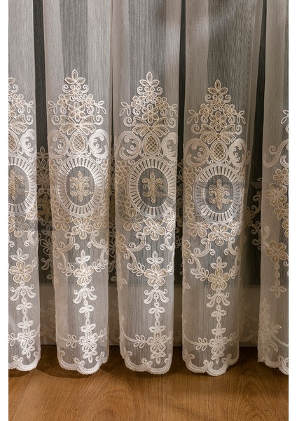 Kullanıma Hazır Sezar Desen Dantelli Krem Renk (1x3) Sık Pileli Tül Perde modelleri