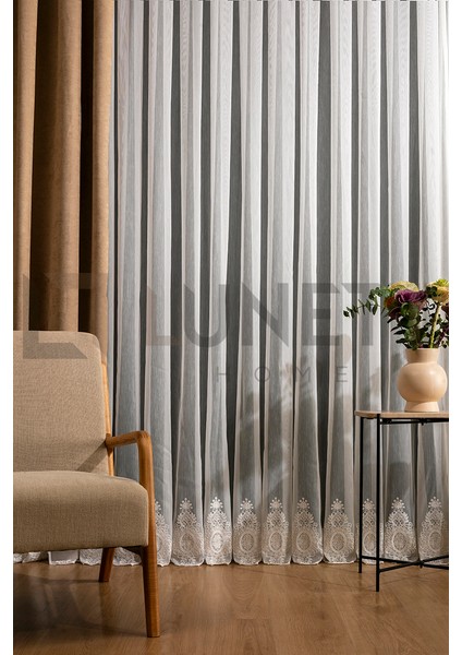 Kullanıma Hazır Sofia Desen Dantelli Krem Renk (1x3) Sık Pileli Tül Perde