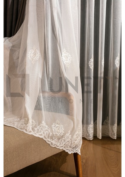 Kullanıma Hazır Safir Desen Dantelli Krem Renk (1x3) Sık Pileli Tül Perde fiyatları