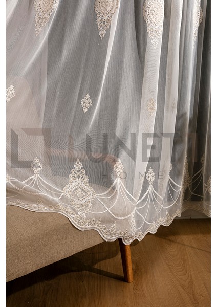 Kullanıma Hazır Lotus Desen Dantelli Krem Renk (1x3) Sık Pileli Tül Perde