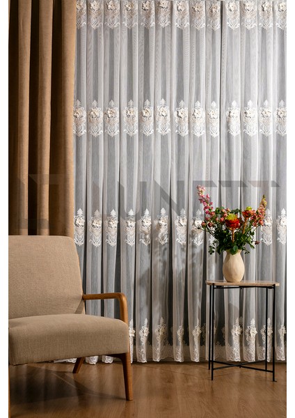 Kullanıma Hazır Rose Desen Dantelli Krem Renk (1x3) Sık Pileli Tül Perde