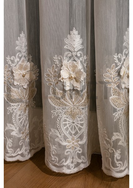 Kullanıma Hazır Rose Desen Dantelli Krem Renk (1x3) Sık Pileli Tül Perde fırsatları