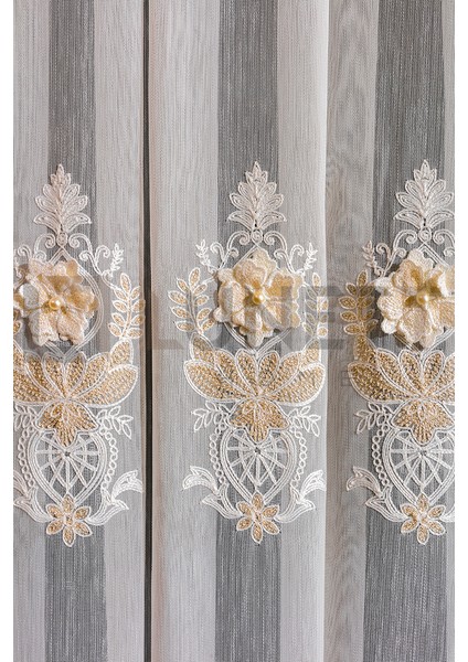 Kullanıma Hazır Rose Desen Dantelli Krem Renk (1x3) Sık Pileli Tül Perde indirimleri