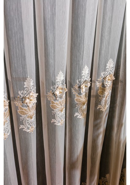 Kullanıma Hazır Rose Desen Dantelli Krem Renk (1x3) Sık Pileli Tül Perde modelleri