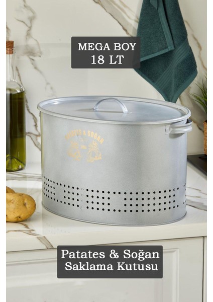 Prego Mega Boy 18 Lt Patates Soğan Saklama Kutusu - 2 Bölmeli Metal Sebzelik Mutfak Düzenleyici Gri
