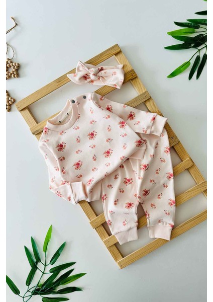 Pamuklu Çiçek Baskılı Bandanalı Kız Bebe 3 lü takım - Açık Pembe
