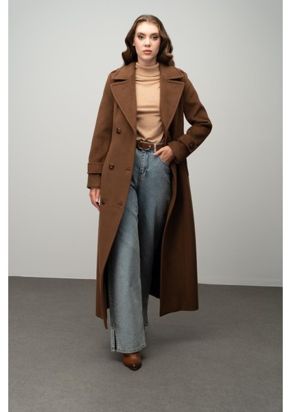 Apolet Detaylı Kruvaze Uzun Boy Kaban Tütün 3056 modelleri