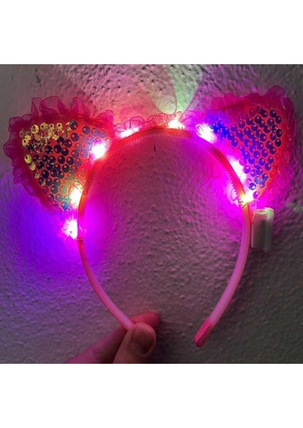 Kenarları Dantelli Pembe Pullu Payetli LED Işıklı Kedi Kulak Taç 17X19 cm