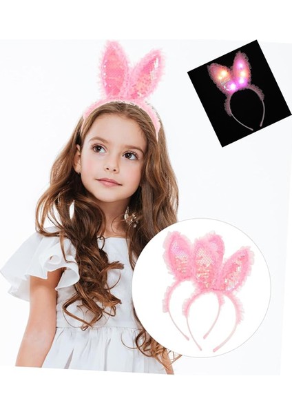 Kenarları Dantelli Pembe Pullu Payetli LED Işıklı Tavşan Kulak Taç 23X19 cm