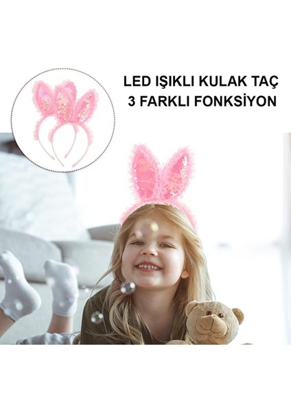 Kenarları Dantelli Pembe Pullu Payetli LED Işıklı Tavşan Kulak Taç 23X19 cm