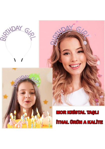 Mor Renk Kristal Taşlı Parlak Birthday Girl Yazılı Taç 16X17 cm